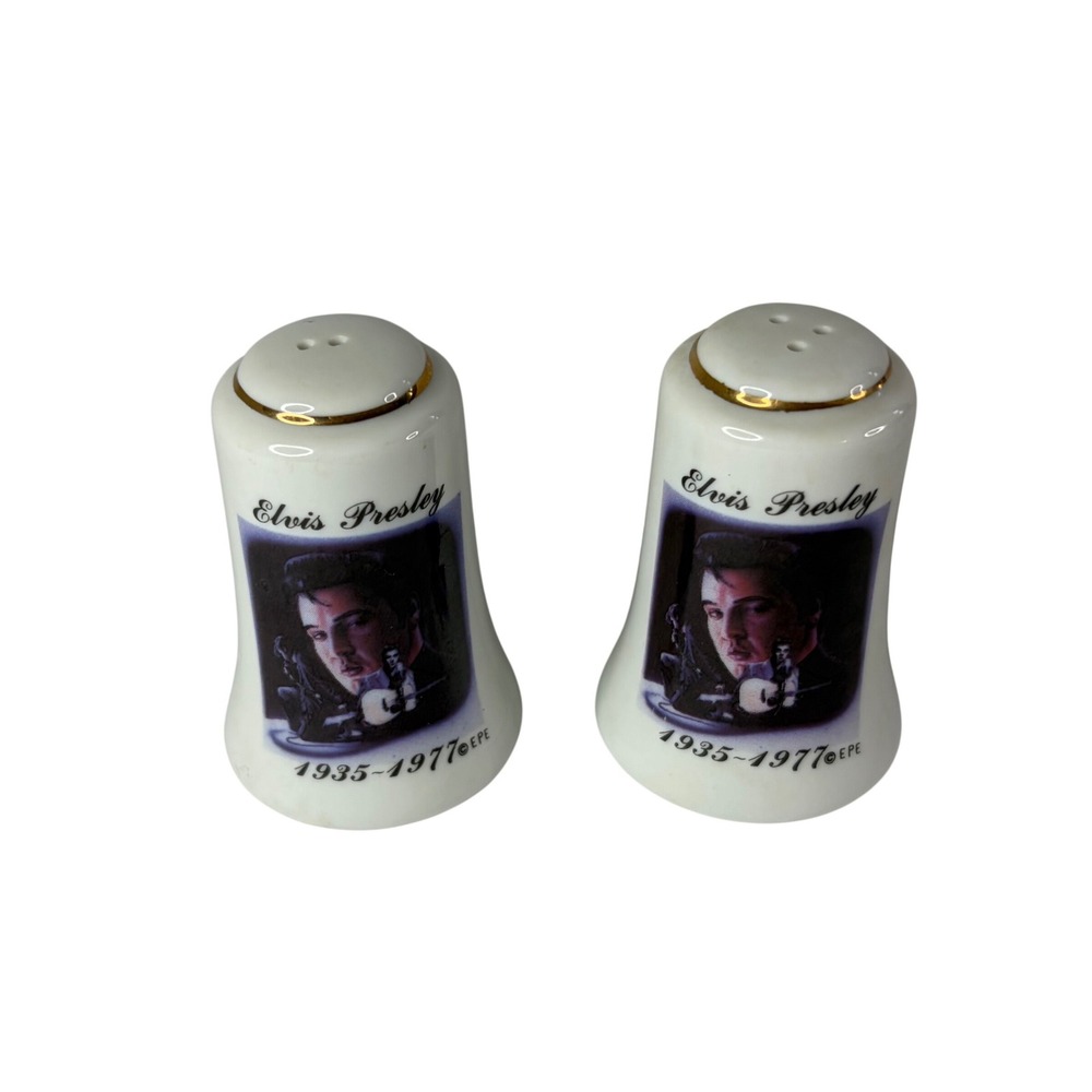 Elvis Presley Salt and Pepper Shakers 1935-1977 Commemorative Ceramic Gold Trim